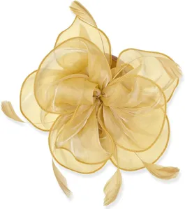 Elegant yellow organza fascinator hat with feathers for cocktail party wedding hair accessories