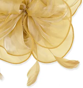 Gold organza fascinator hair accessory detail view, elegant feather flower design for party prom.