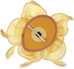 Yellow organza feather hair clip fascinator back view detail, elegant party headwear accessory