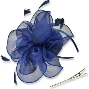 Stunning navy blue organza fascinator headband with feathers for women party, cocktail and wedding.