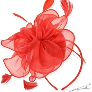 Red organza feather fascinator headband for women, elegant cocktail party hair accessory.