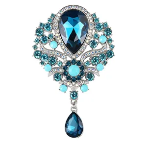 Spilla con ciondolo a goccia in cristallo blu stile palazzo vintage per cappotto da donna.