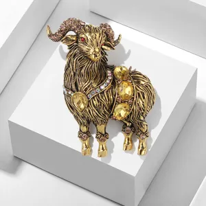 Vintage Zinc Alloy Rhinestone Goat Brooch For Women Men Antique Gold Retro Animal Pin Badge For Coat Scarf Fixed Fashion Jewelry