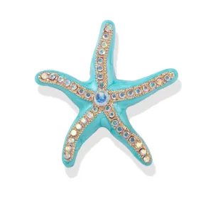Exquisite turquoise enameled starfish brooch sparkling crystal gold tone pin accessory.