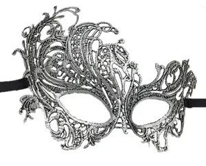 Silver lace masquerade mask detail, intricate embroidery pattern with soft black ribbon straps.