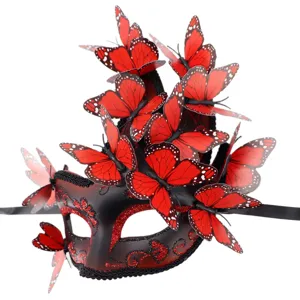 Schwarze Maskenball Maske mit roten Schmetterlingen für Halloween Party, Karneval und Kostümfest.