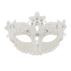 Máscara de encaje blanco para fiesta con diamantes de imitación y diseño de tiara