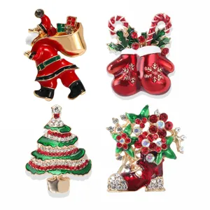 Jolie Broche de Noël en Alliage Strass Émail Père Noël Sapin Botte Épinglette de Revers Badges de Fête Festive Accessoires pour Femmes Hommes