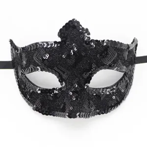 Schwarze Pailletten-Spitzen-Maske Detailansicht, ideal für Halloween-Partys und Kostümbälle.