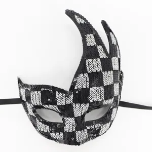Schwarze weiße Pailletten Maske Karneval Party Flamme Horn Kostüm Zubehör Maskerade