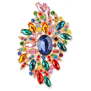 Wunderschöne große Legierung Strass Glas Brosche Damen elegante bunte Kristall Blumen Corsage