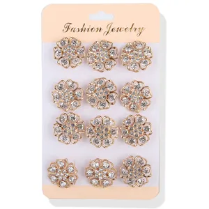 Set di spille con strass di fiori dorati, eleganti accessori di gioielli da colletto donna.