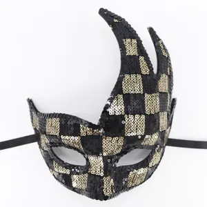 Schwarze goldene Pailletten Maske Flammenhorn Karneval Party Halloween Kostüm Requisite