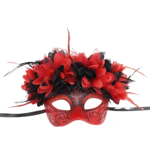 Mascara de carnaval rojo y negro pluma encaje flor fiesta mascarada disfraz accesorio