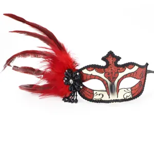Gedetailleerd overzicht van het elegante rode veren masker voor feesten en Halloween.