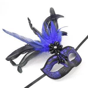 Feder-Maskenball-Maske mit blauem Glitzer und Strasssteinen für Party und Halloween Events.