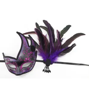 Gorgeous purple masquerade mask with feathers and glitter for Halloween party costume events.