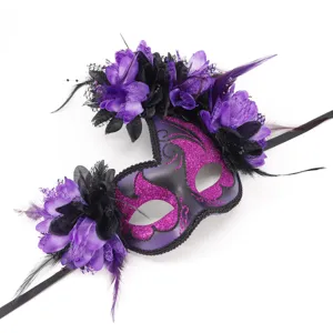 Gedetailleerd overzicht van het paarse maskerade masker met bloemen en veren voor feest.