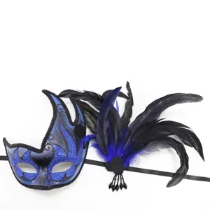 Exquisite blue and black feathered masquerade mask for Halloween party and cosplay events.