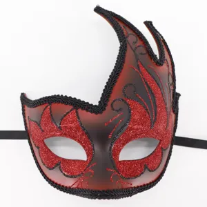 Rood-zwarte glinsterende masker voor feest, half gezicht design met zwarte kanten rand.