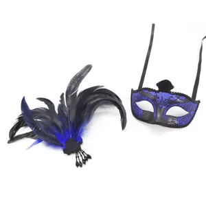 Halloween Maskerade Maske und Feder Haarspange Set, blaue schwarze Party Kostüm Accessoires.