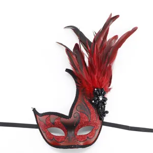 Red black feather masquerade mask detail, rhinestone flower accent, party eye mask close up