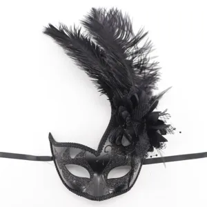 Detalle de máscara de mascarada de pluma negra, diseño elegante con purpurina y flor delicada.