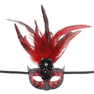 Maschera di carnevale con piume rosse e nere per festa di halloween ballo in maschera donna