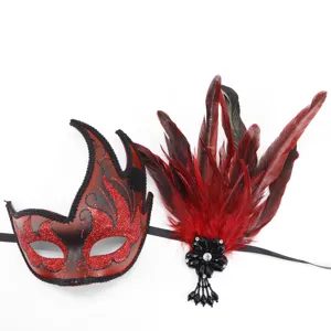 Red and black feather masquerade mask set with hair clip for Halloween party costume wear
