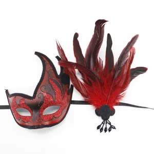 Red black feather masquerade mask, sexy party eye mask for Halloween carnival props detail.