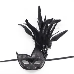 Black feather masquerade mask with glitter and rhinestones for party and Halloween events.