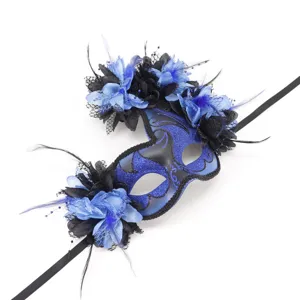 Prachtig blauw bloem masker met veren voor halloween verkleedpartij en cosplay feesten.