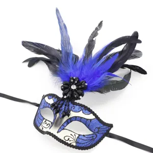 Detaillierte Ansicht der Karneval Maske mit blauen Glitzerdetails und eleganten Federn.