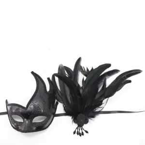 Detailed view of the elegant black feather masquerade mask with glitter for party.