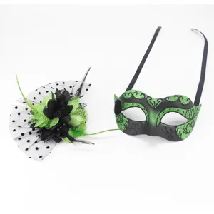 Halloween masquerade mask and black green mesh flower headpiece set for party costume props