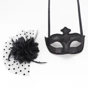 Ensemble masque de bal masqué noir et coiffe de fleur de plume pour fête carnaval.