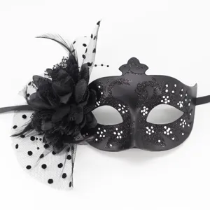 Detailed macro view of a black lace masquerade mask featuring flower and feather accents.