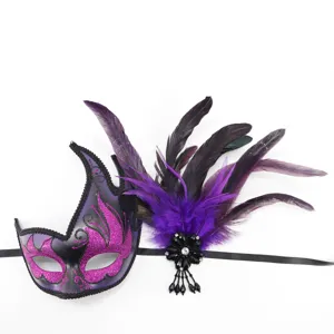 Halloween feather masquerade mask, purple glitter lace eye mask for party carnival costume.