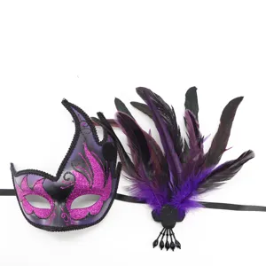 Halloween feather masquerade mask purple glitter eye mask party queen carnival costume props