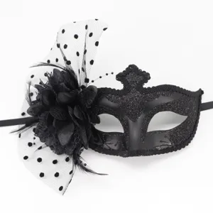 Masque de mascarade noir élégant avec voile en résille à pois et fleur pour la fête