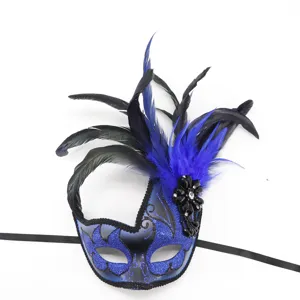 Close-up detail of blue masquerade mask featuring black feathers and shiny rhinestones.