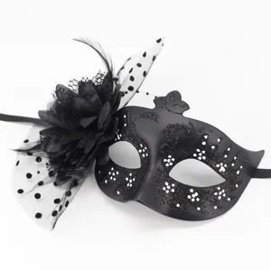 Close-up detail of black masquerade mask featuring detachable mesh flower and feathers