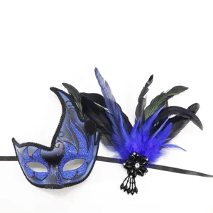 Feather masquerade mask detail, blue glitter eye mask with black feathers for party event.
