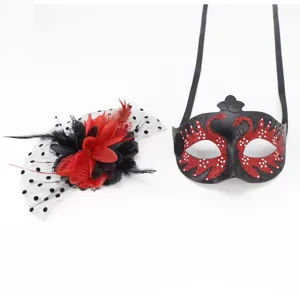Masquerade mask and red black floral fascinator set with feathers for Halloween parties