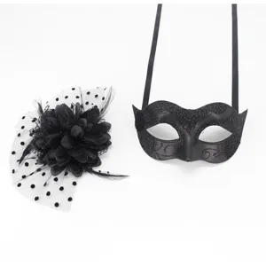 Detailed view of black masquerade mask and mesh flower accessory for party and events.