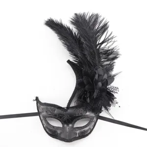 Detalle de máscara de mascarada con plumas negras, antifaz elegante para Halloween.