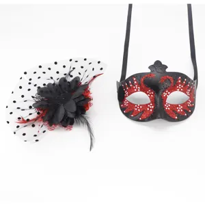 Black masquerade mask with red swan glitter and matching polka dot mesh veil set