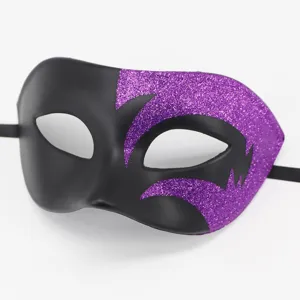 Zwarte en paarse glanzende maskerademasker voor feest, Halloween en evenementen.