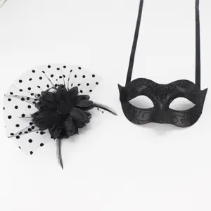 Black masquerade mask and mesh flower hair clip set for Halloween party costume events.