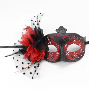 Detailed view of elegant black masquerade mask with red flowers and polka dot mesh